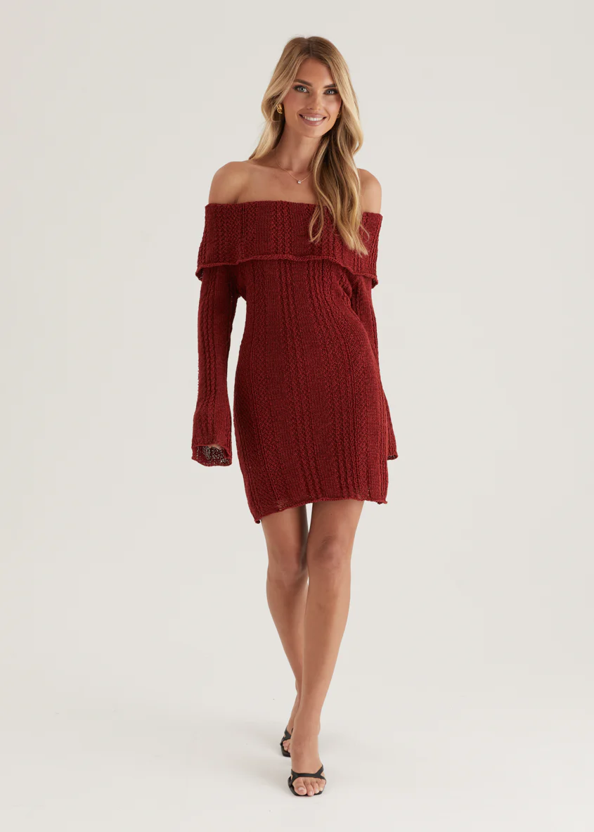 Luna Off Shoulder Knit Dress - Maroon - Image 9