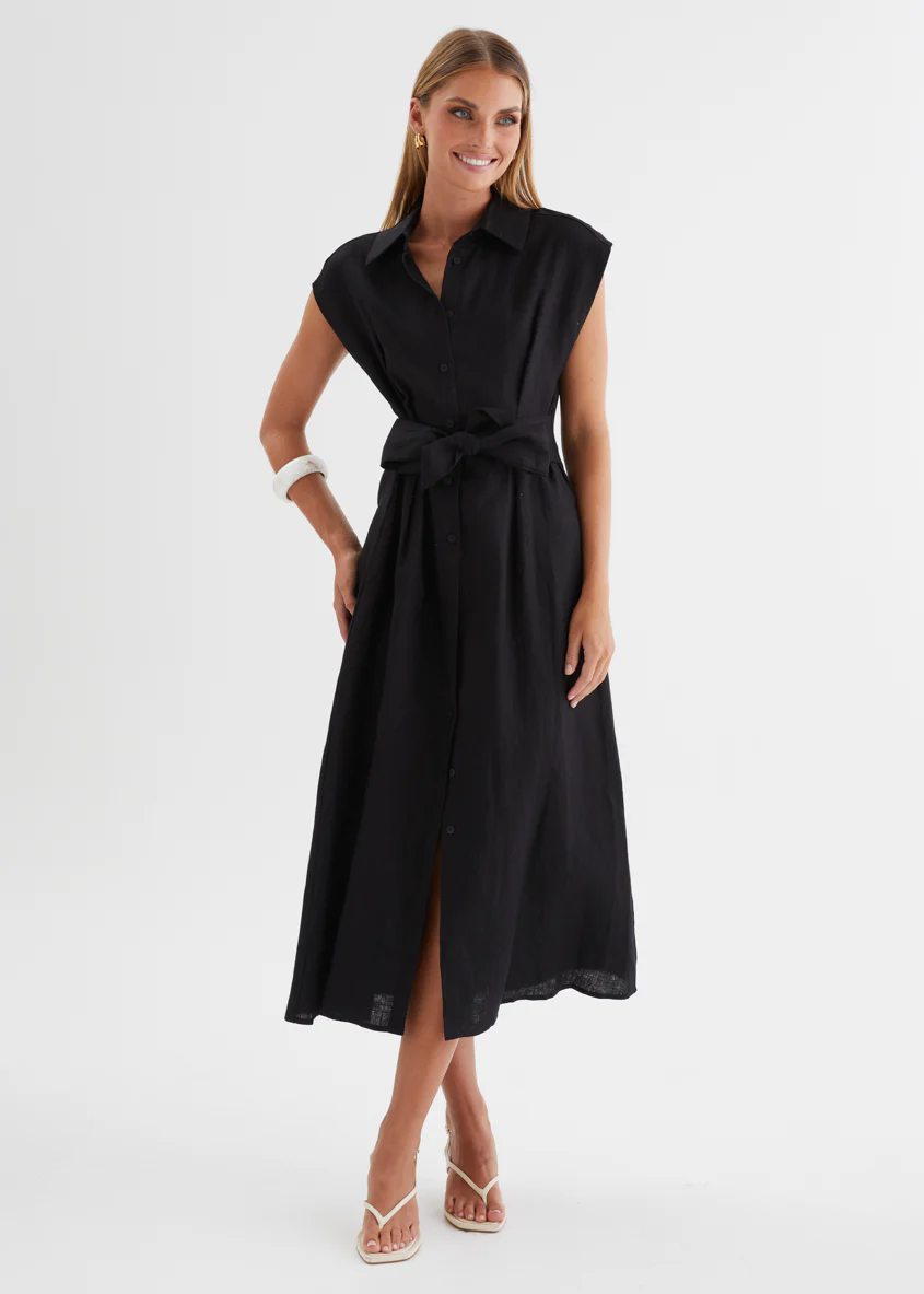 Makari Linen Midi Dress - Black - Image 4