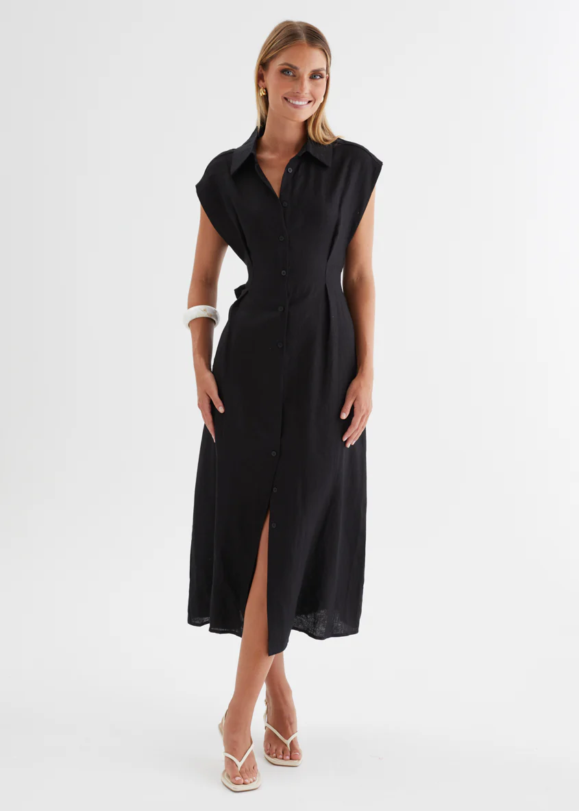 Makari Linen Midi Dress - Black - Image 6