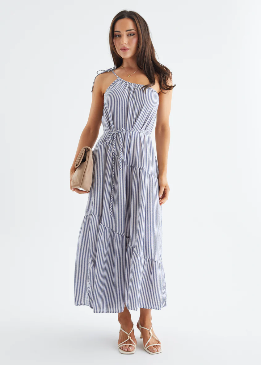 Mary One Shoulder Maxi Dress - Blue Stripe - Image 4