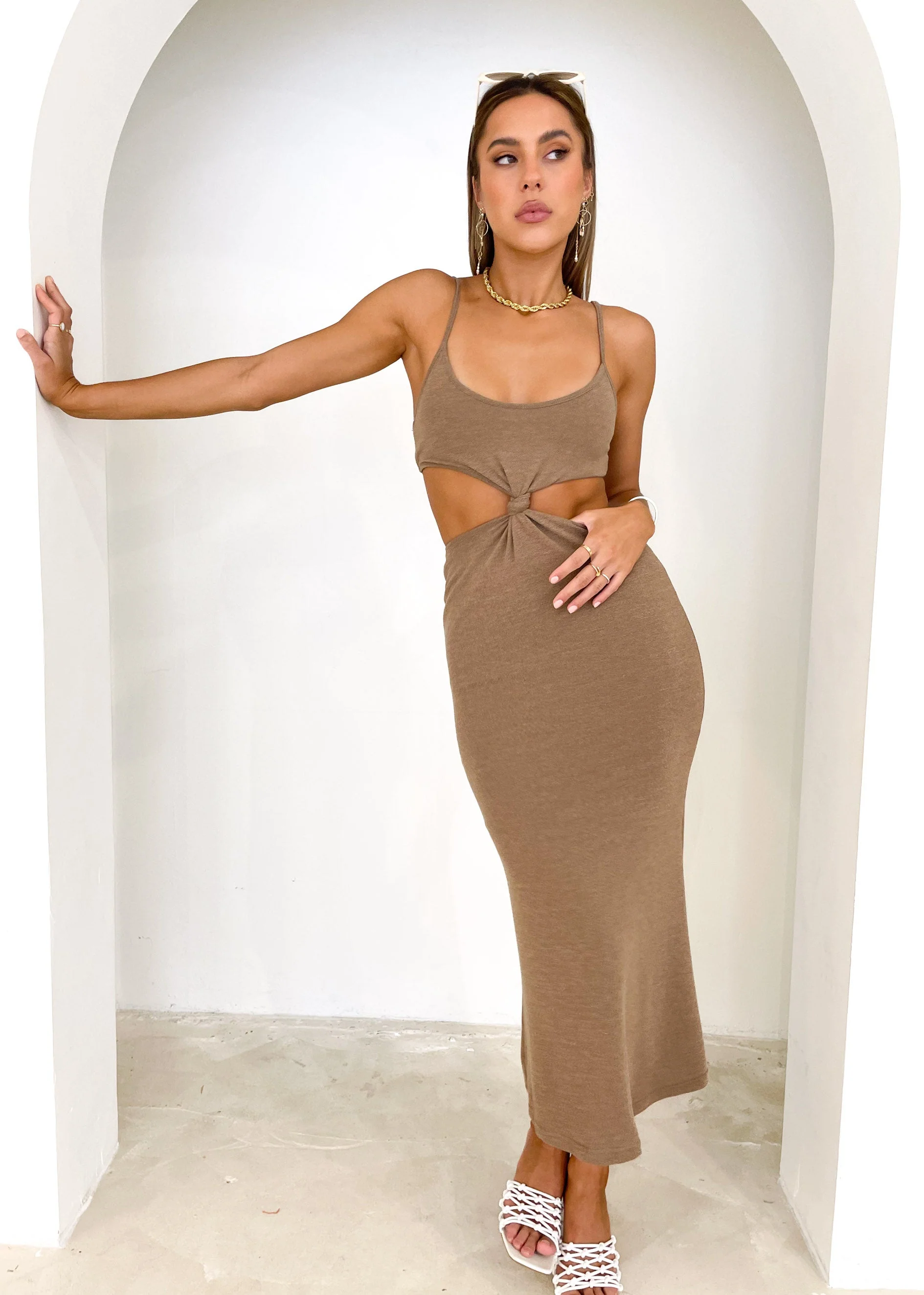 Matais Cut Out Knit Midi Dress - Taupe - Image 3