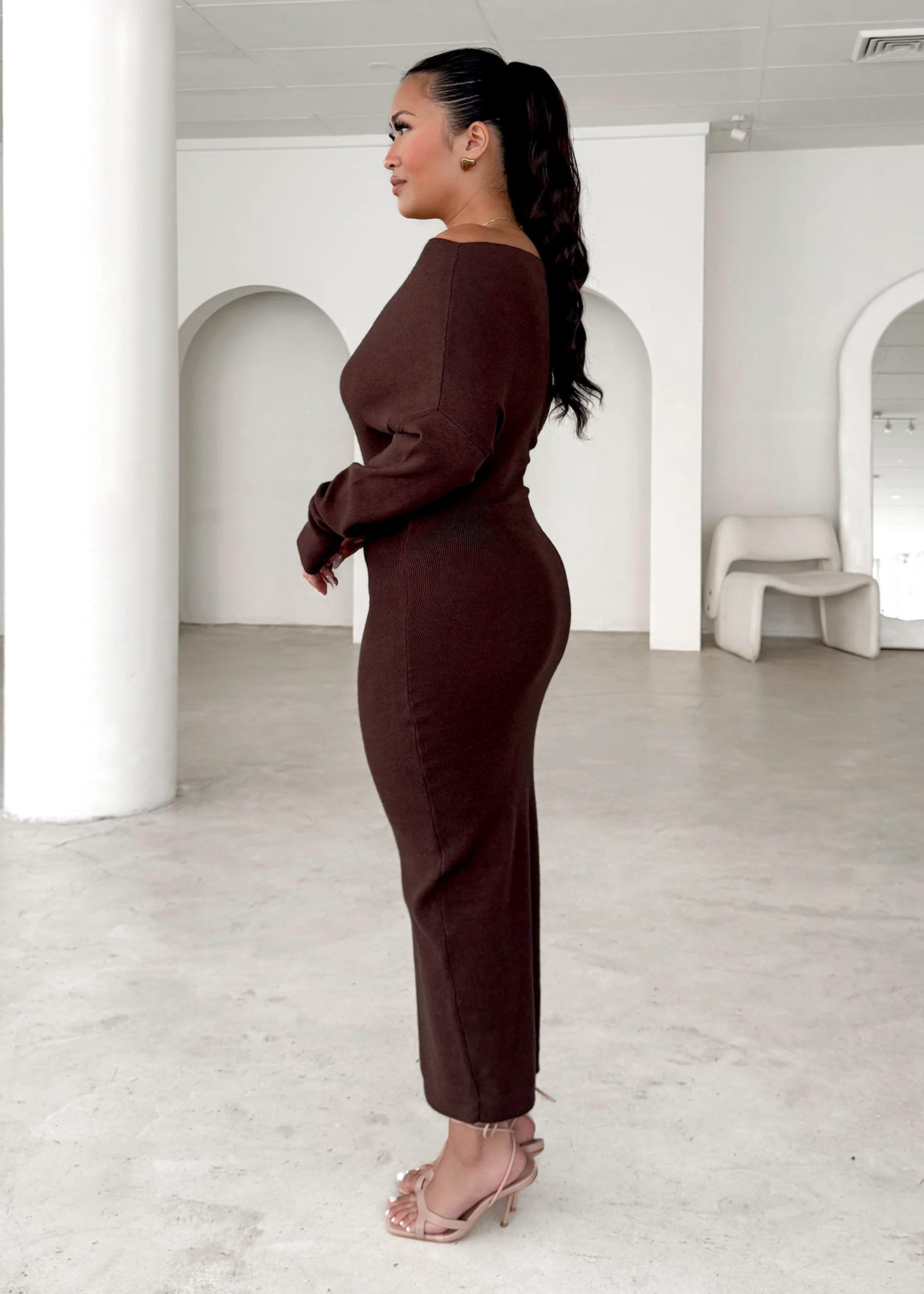 Milena Drop Shoulder Knit Midi Dress - Chocolate - Image 4