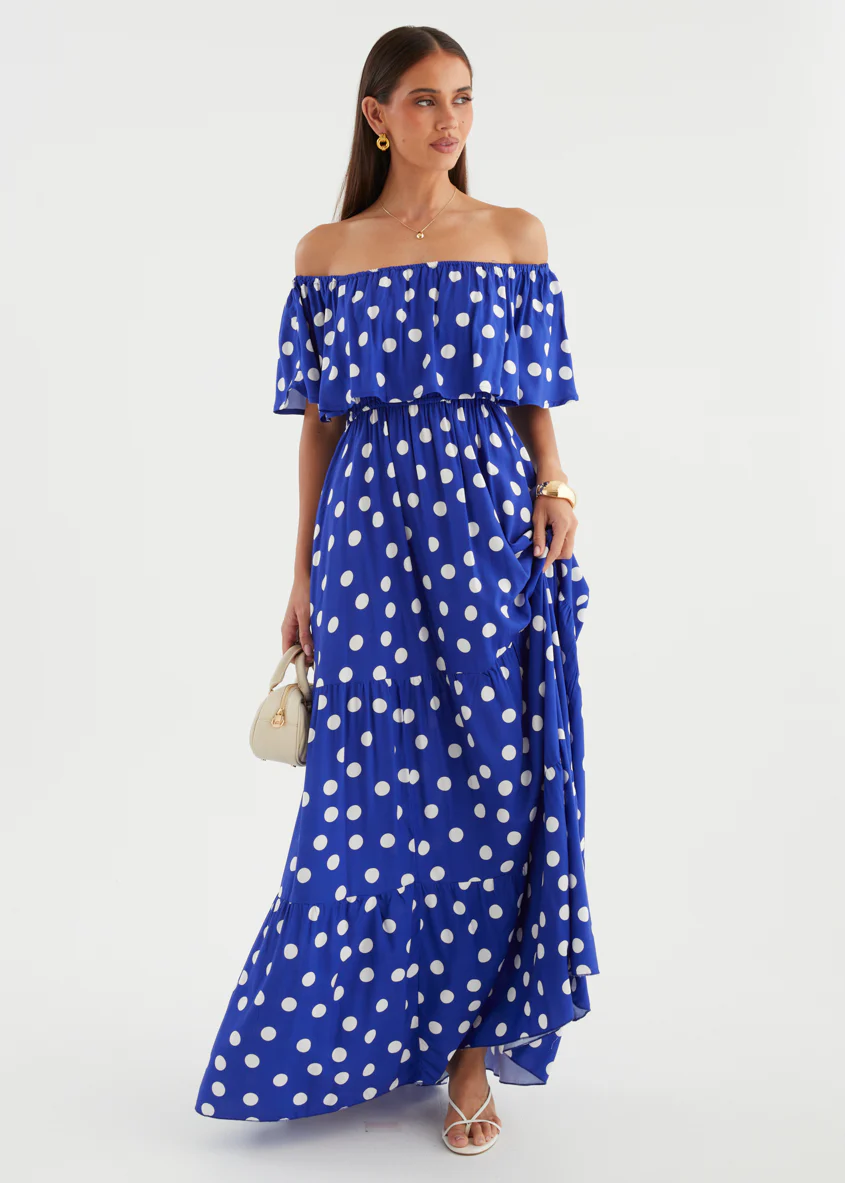 Mirie Off Shoulder Maxi Dress - Cobalt Polka - Image 2