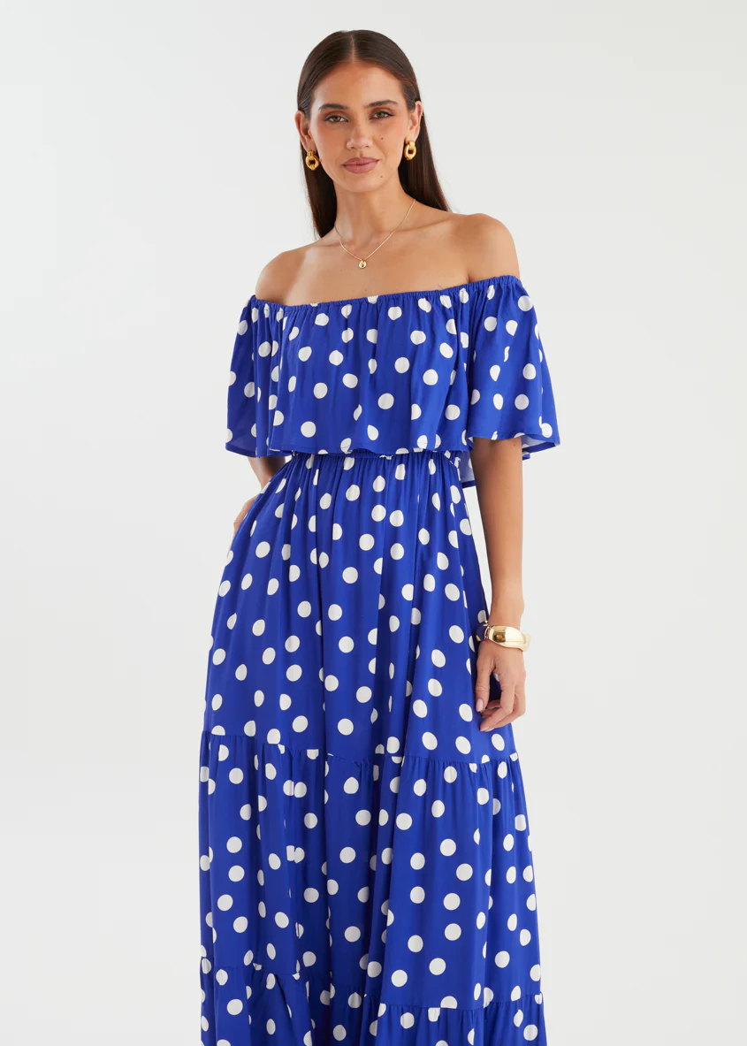 Mirie Off Shoulder Maxi Dress - Cobalt Polka - Image 3