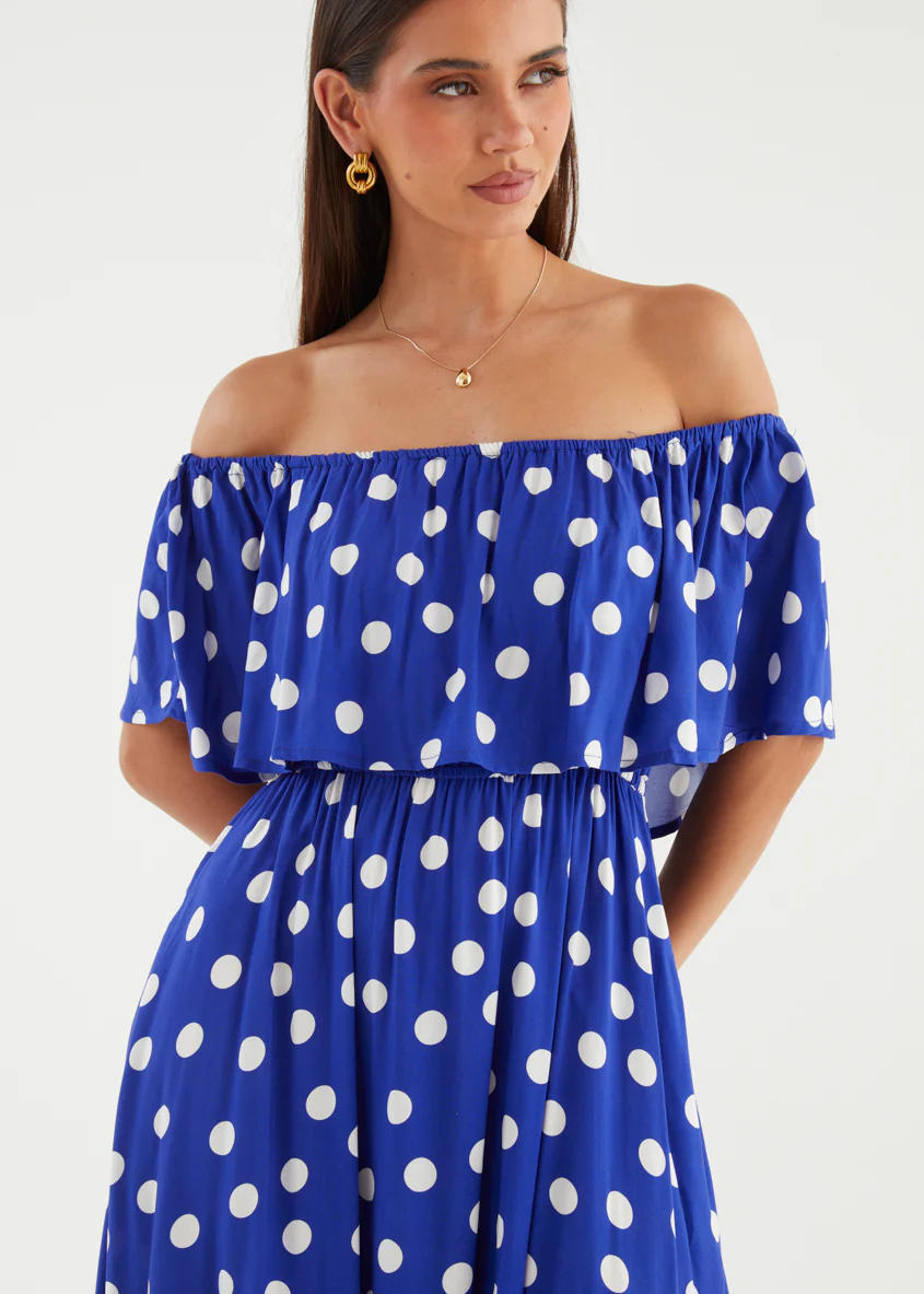 Mirie Off Shoulder Maxi Dress - Cobalt Polka - Image 8