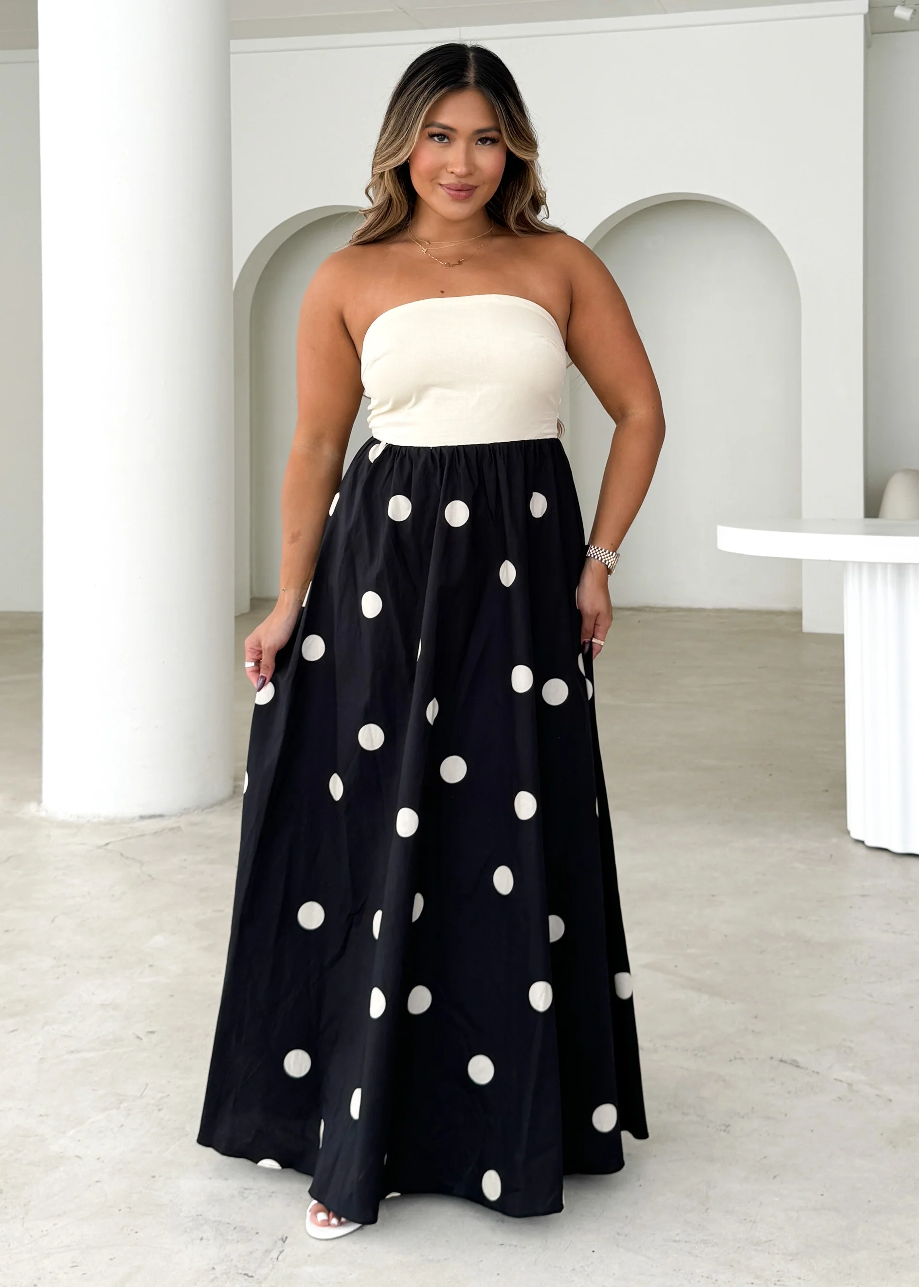 Nadya Strapless Maxi Dress - Cream Polka - Image 9