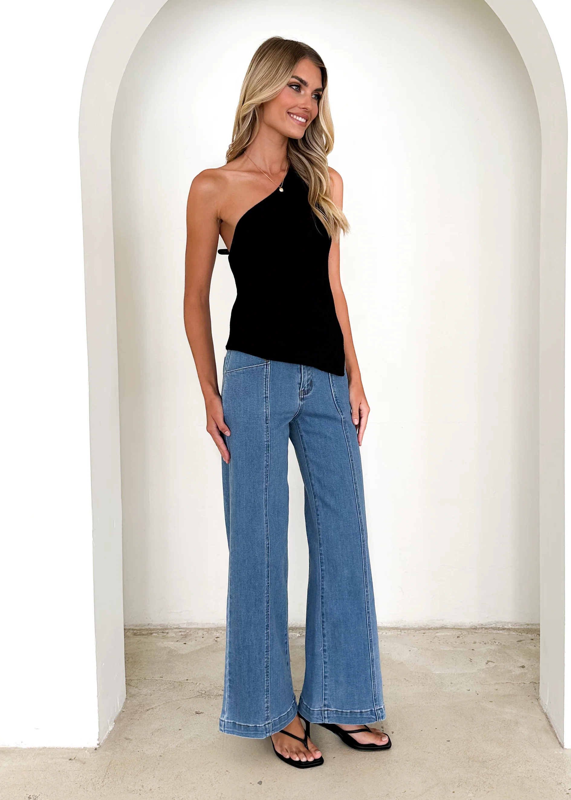 Natalee One Shoulder Knit Top - Black - Image 11