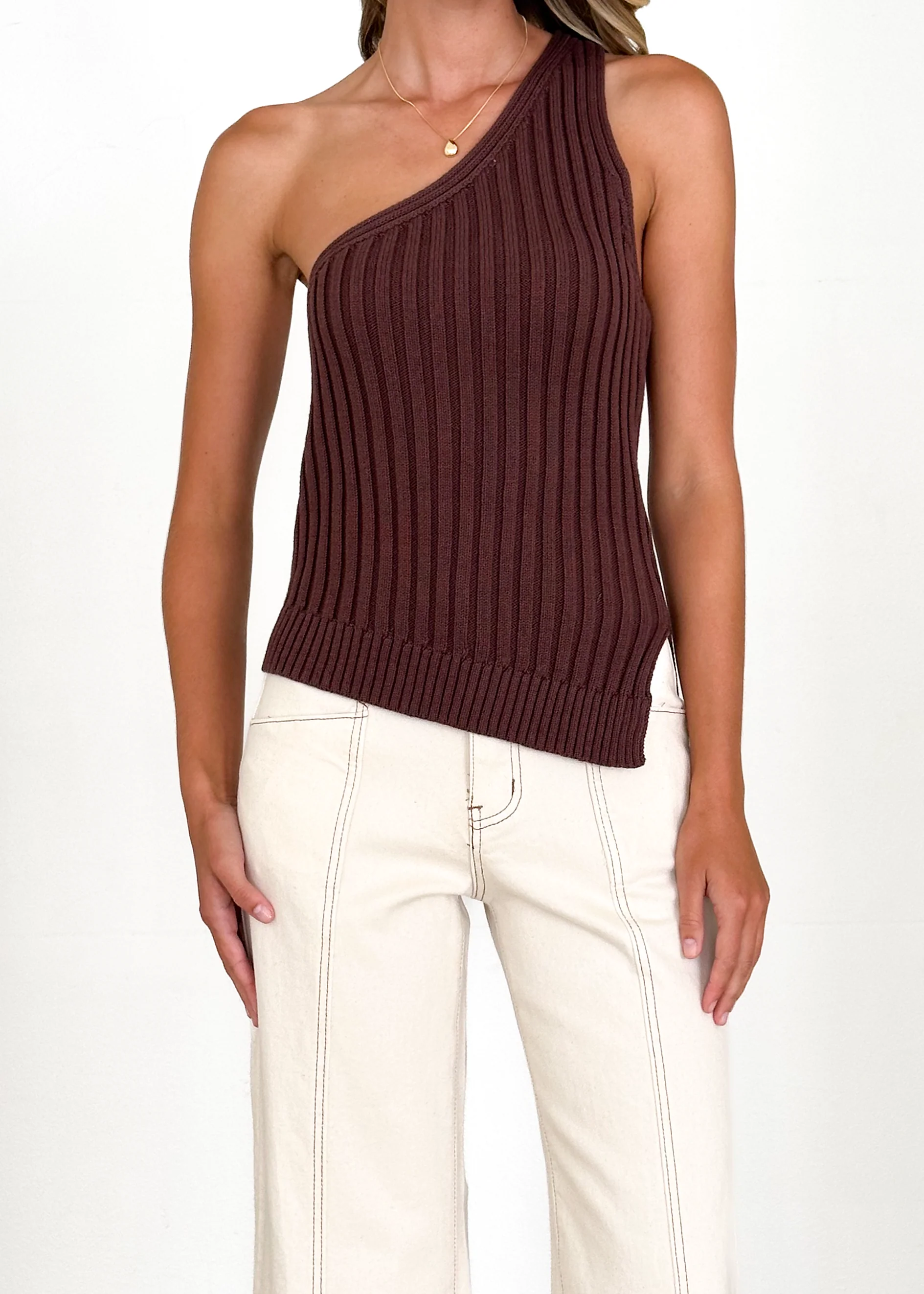 Natalee One Shoulder Knit Top - Chocolate - Image 25