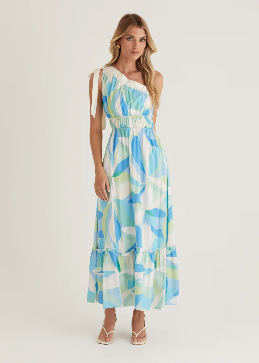 Rainfall One Shoulder Maxi Dress - Blue Abstract - Image 5