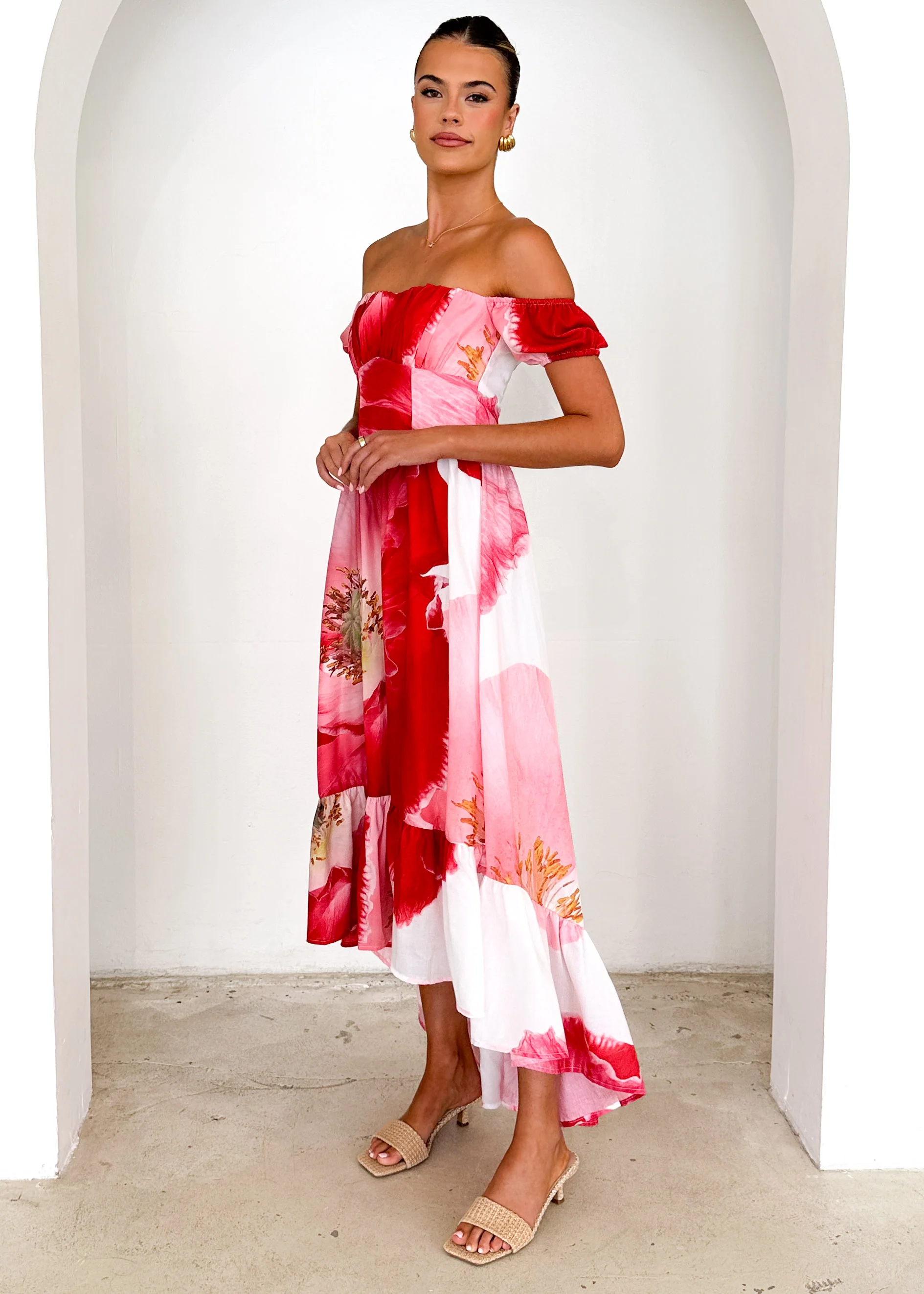Salina Off Shoulder Midi Dress - Pink Flowers - Image 4