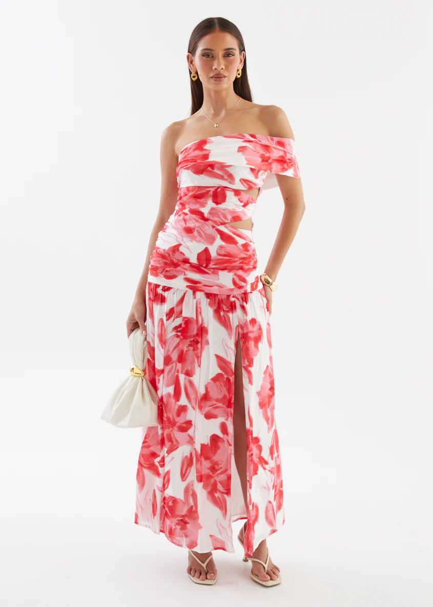 Shari One Shoulder Maxi Dress - Red Flowers - Image 2