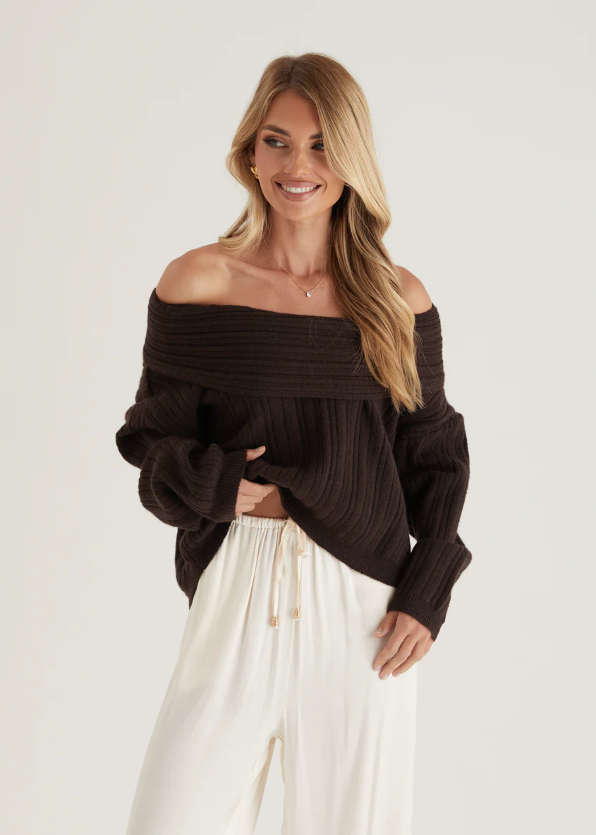 Shiloh Off Shoulder Sweater - Espresso - Image 4