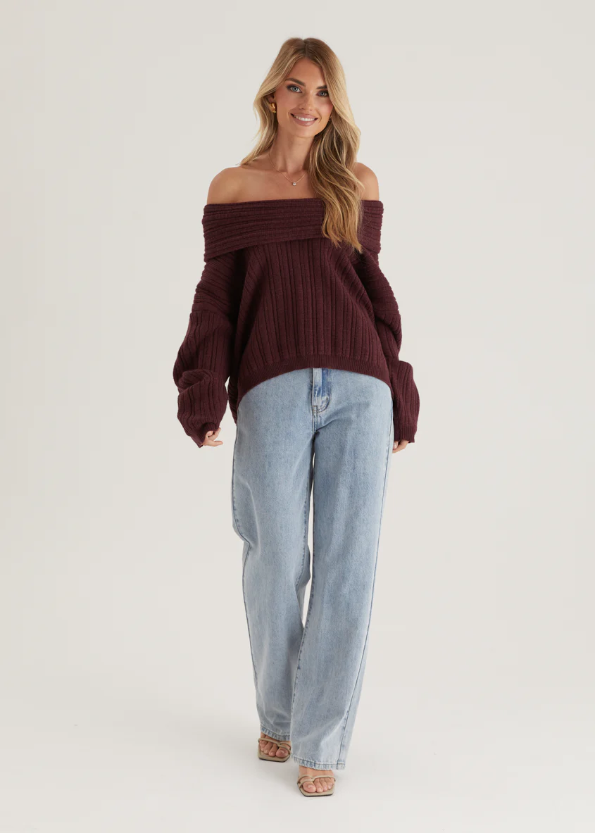 Shiloh Off Shoulder Sweater - Wine - Image 3