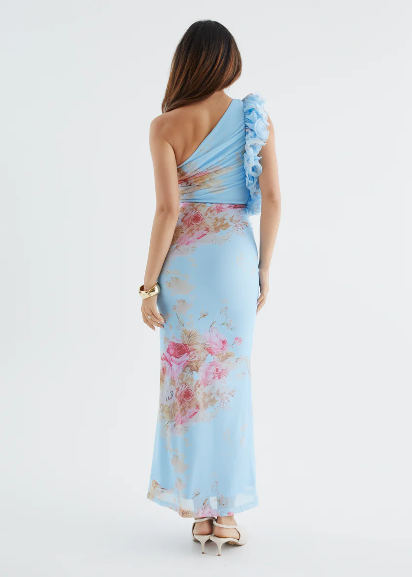 Sia One Shoulder Mesh Maxi Dress - Blue Bouquet - Image 7