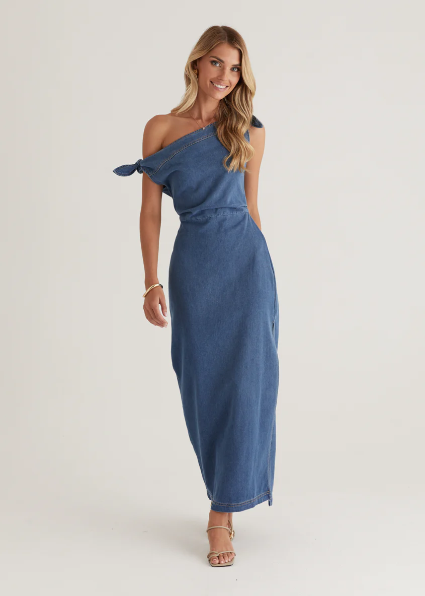 Sicilian One Shoulder Midi Dress - Mid Blue - Image 2