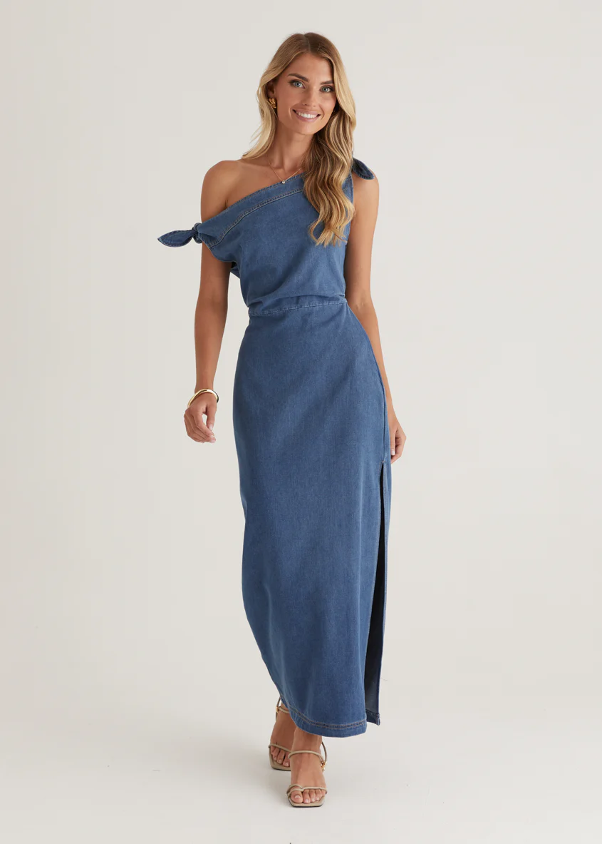 Sicilian One Shoulder Midi Dress - Mid Blue - Image 7