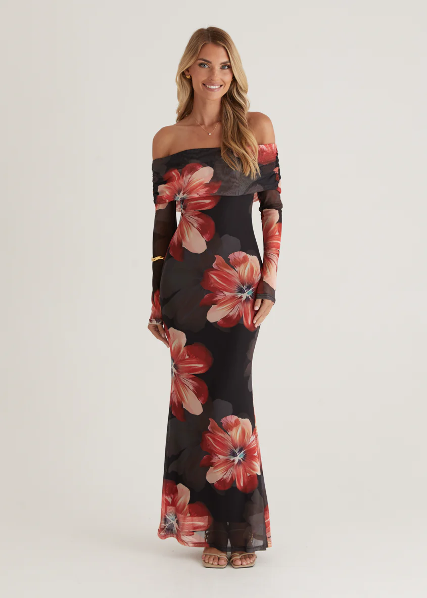 Sienna Mesh Off Shoulder Maxi Dress - Red Floral - Image 7
