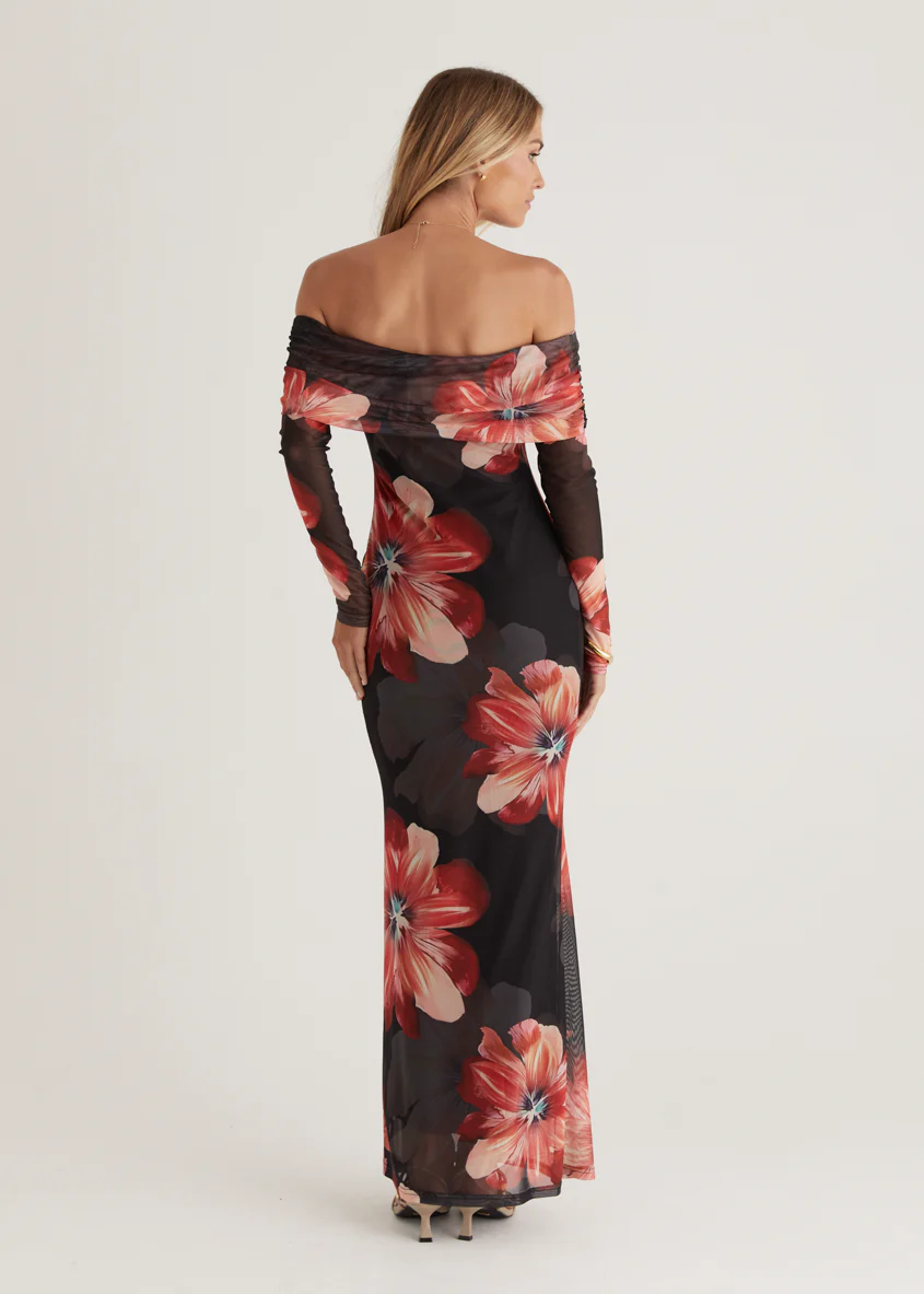 Sienna Mesh Off Shoulder Maxi Dress - Red Floral - Image 9