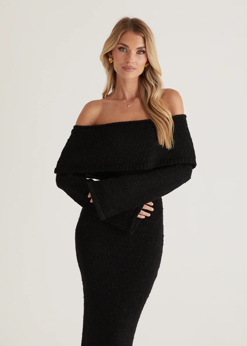 Sky Off Shoulder Knit Midi Dress - Black - Image 3