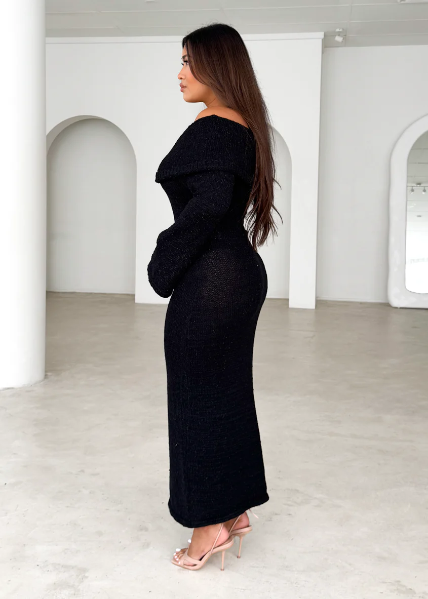 Sky Off Shoulder Knit Midi Dress - Black - Image 4