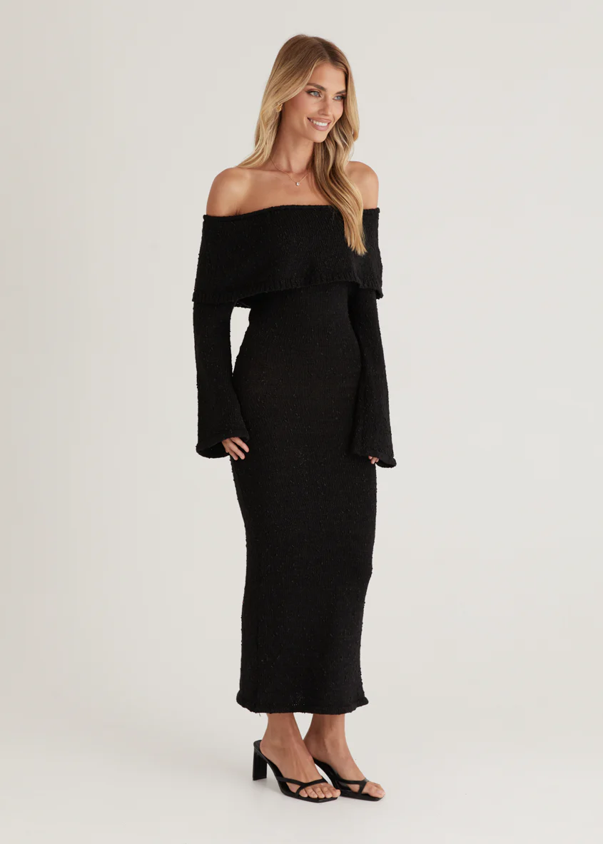 Sky Off Shoulder Knit Midi Dress - Black - Image 7