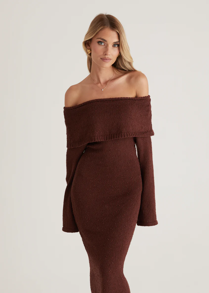 Sky Off Shoulder Knit Midi Dress - Chocolate - Image 3
