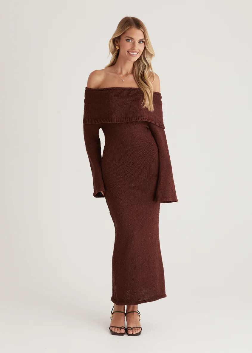 Sky Off Shoulder Knit Midi Dress - Chocolate - Image 5