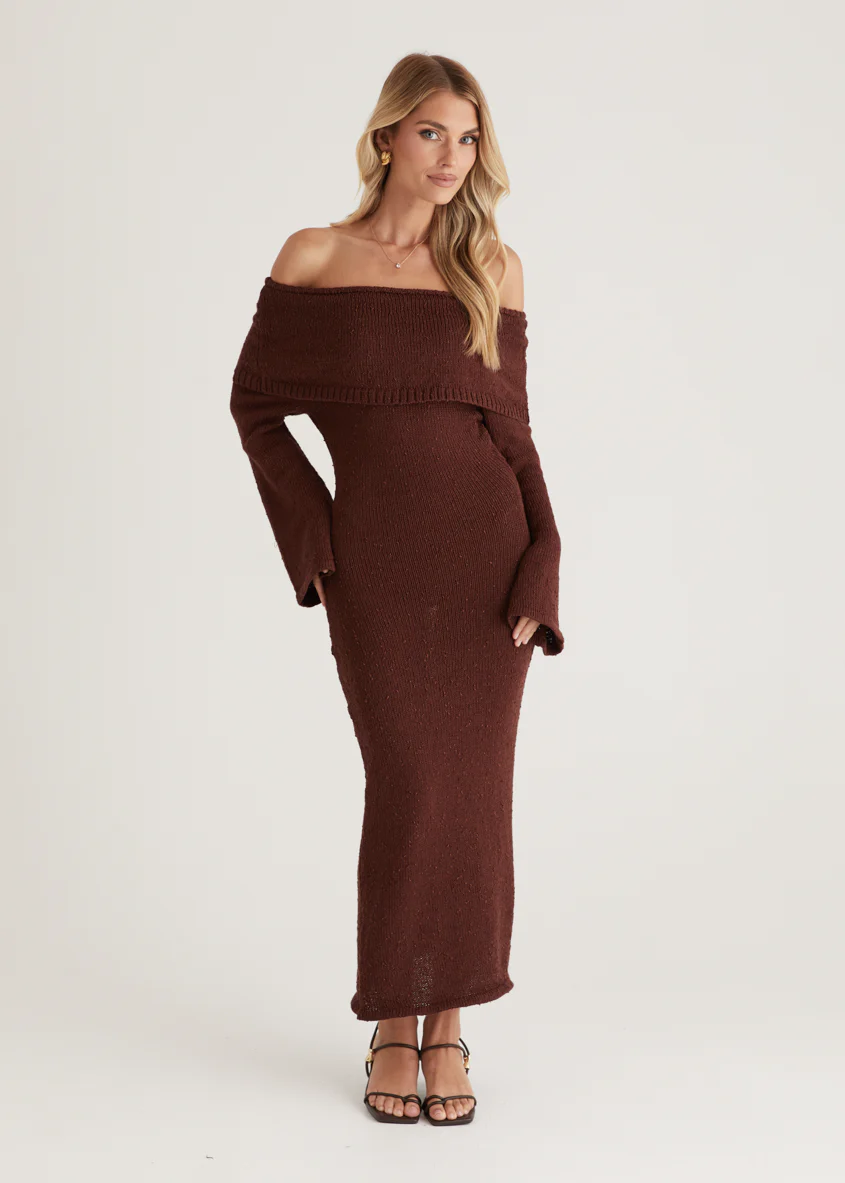 Sky Off Shoulder Knit Midi Dress - Chocolate - Image 6