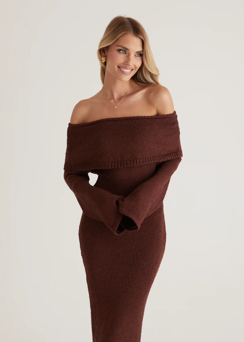 Sky Off Shoulder Knit Midi Dress - Chocolate - Image 7