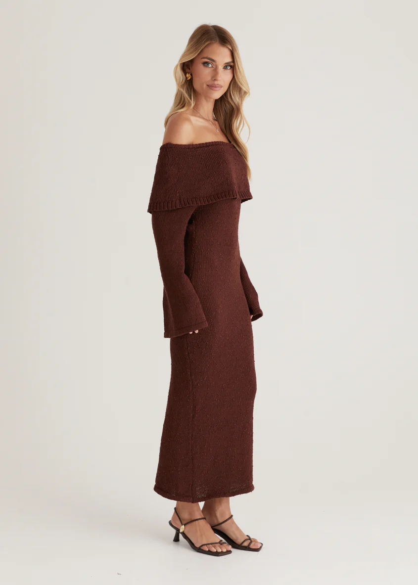 Sky Off Shoulder Knit Midi Dress - Chocolate - Image 8