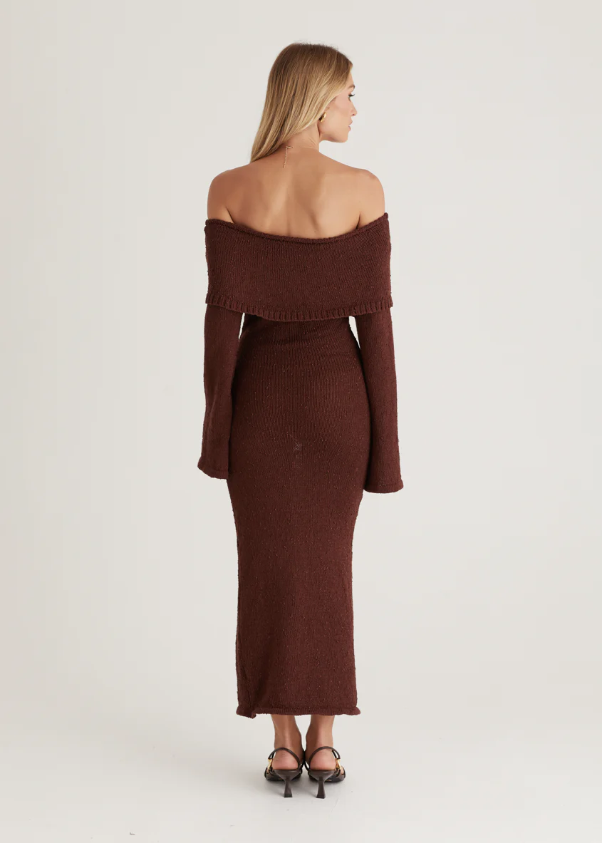 Sky Off Shoulder Knit Midi Dress - Chocolate - Image 9