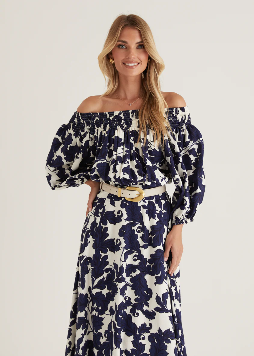 Talu Off Shoulder Midi Dress - Navy Paisley - Image 5