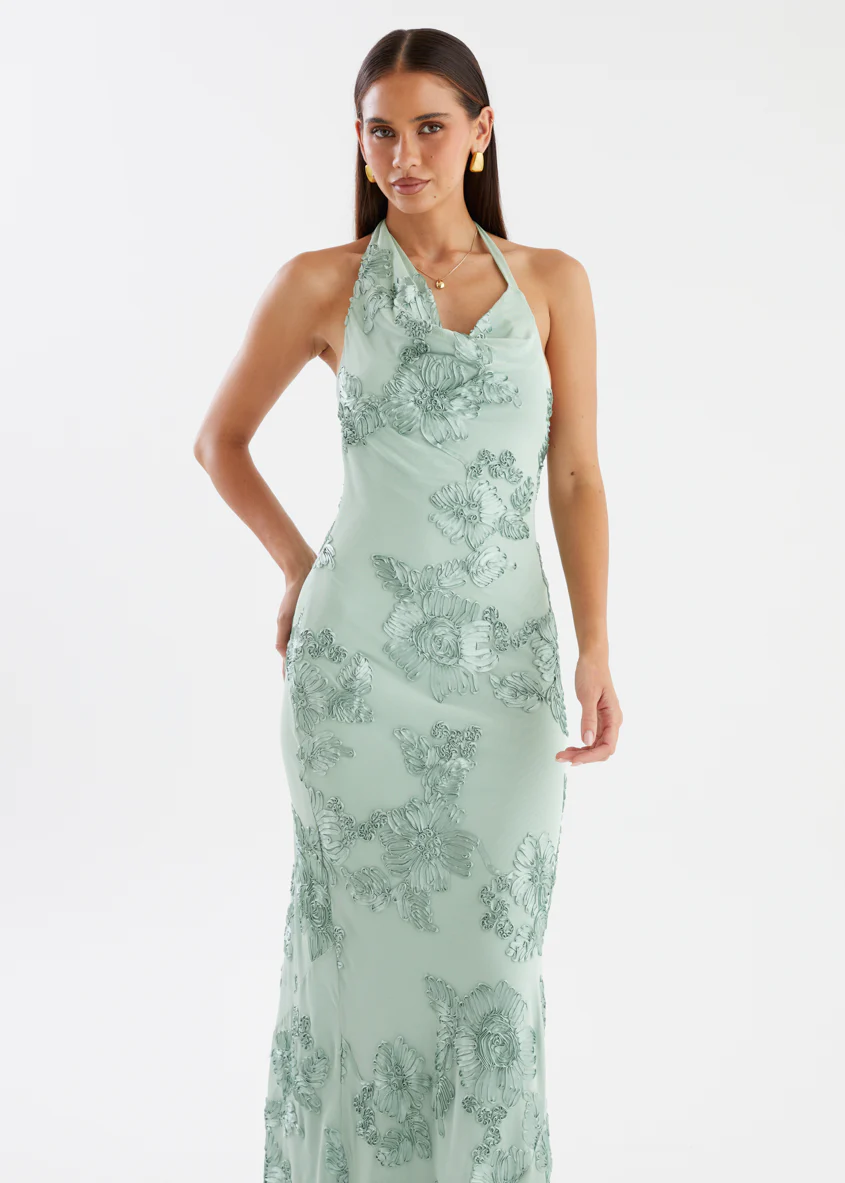 Tess Halter Mesh Maxi Dress - Sage Embroidered - Image 5