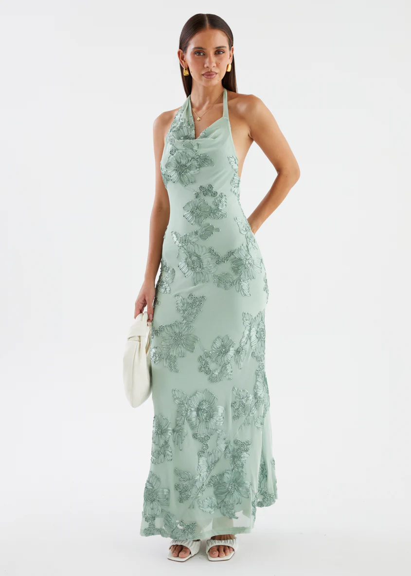 Tess Halter Mesh Maxi Dress - Sage Embroidered - Image 6
