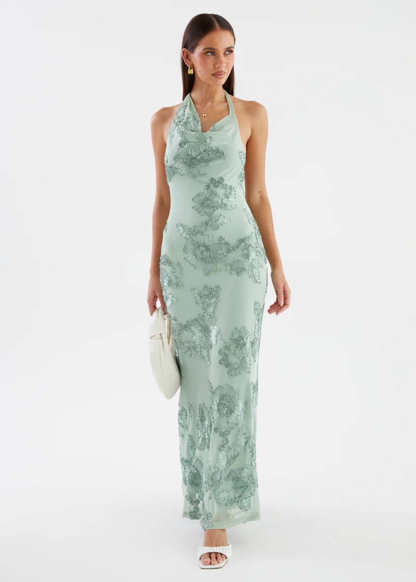 Tess Halter Mesh Maxi Dress - Sage Embroidered - Image 7
