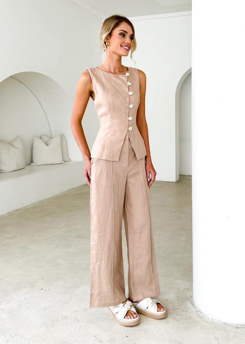 Thalia Linen Pants - Taupe - Image 7