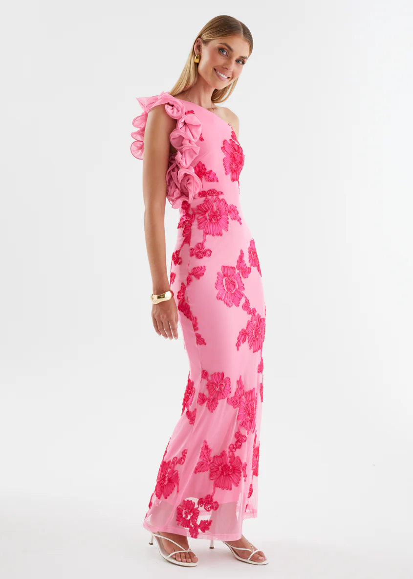 Trilby One Shoulder Mesh Maxi Dress - Pink Floral - Image 8