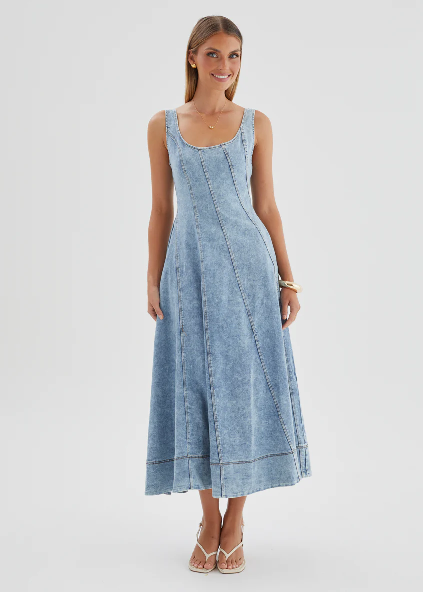 Yasmin Denim Midi Dress - Washed Blue - Image 3