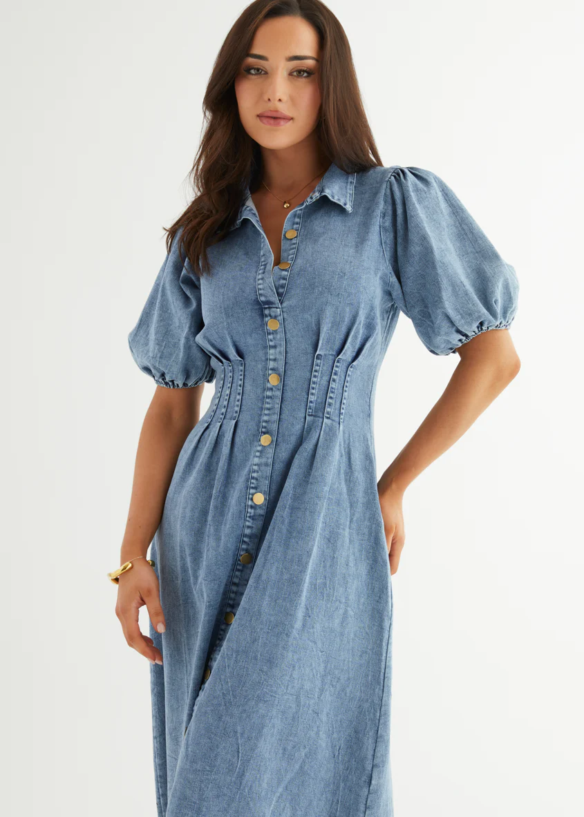 Yves Stretch Denim Midi Dress - Washed Blue - Image 3
