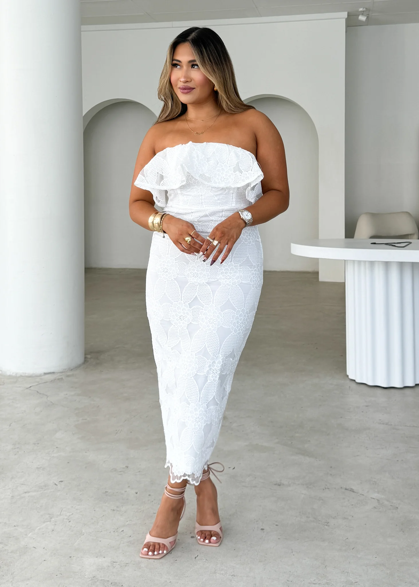 Zara Strapless Midi Dress - White Lace - Image 5