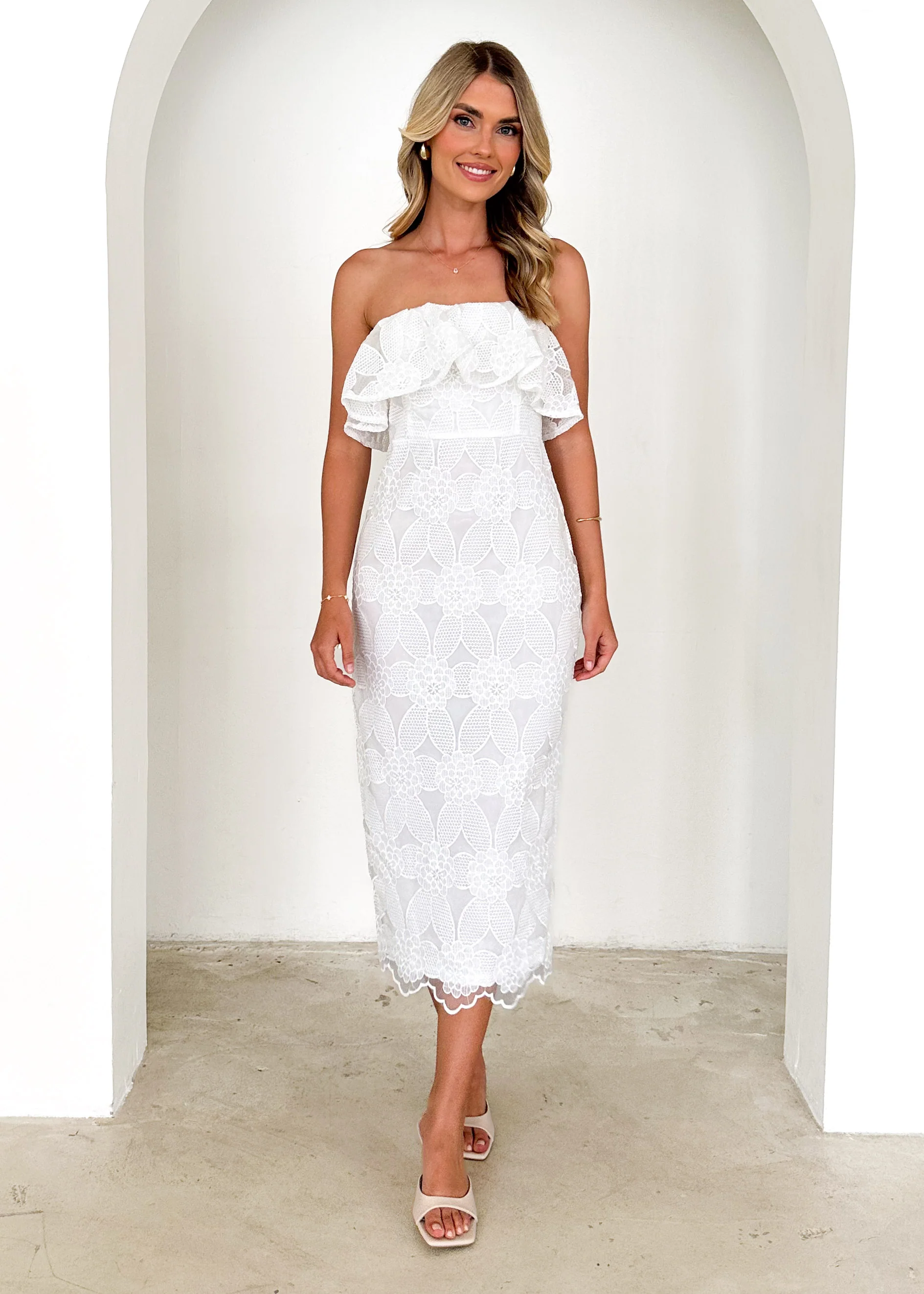 Zara Strapless Midi Dress - White Lace - Image 8