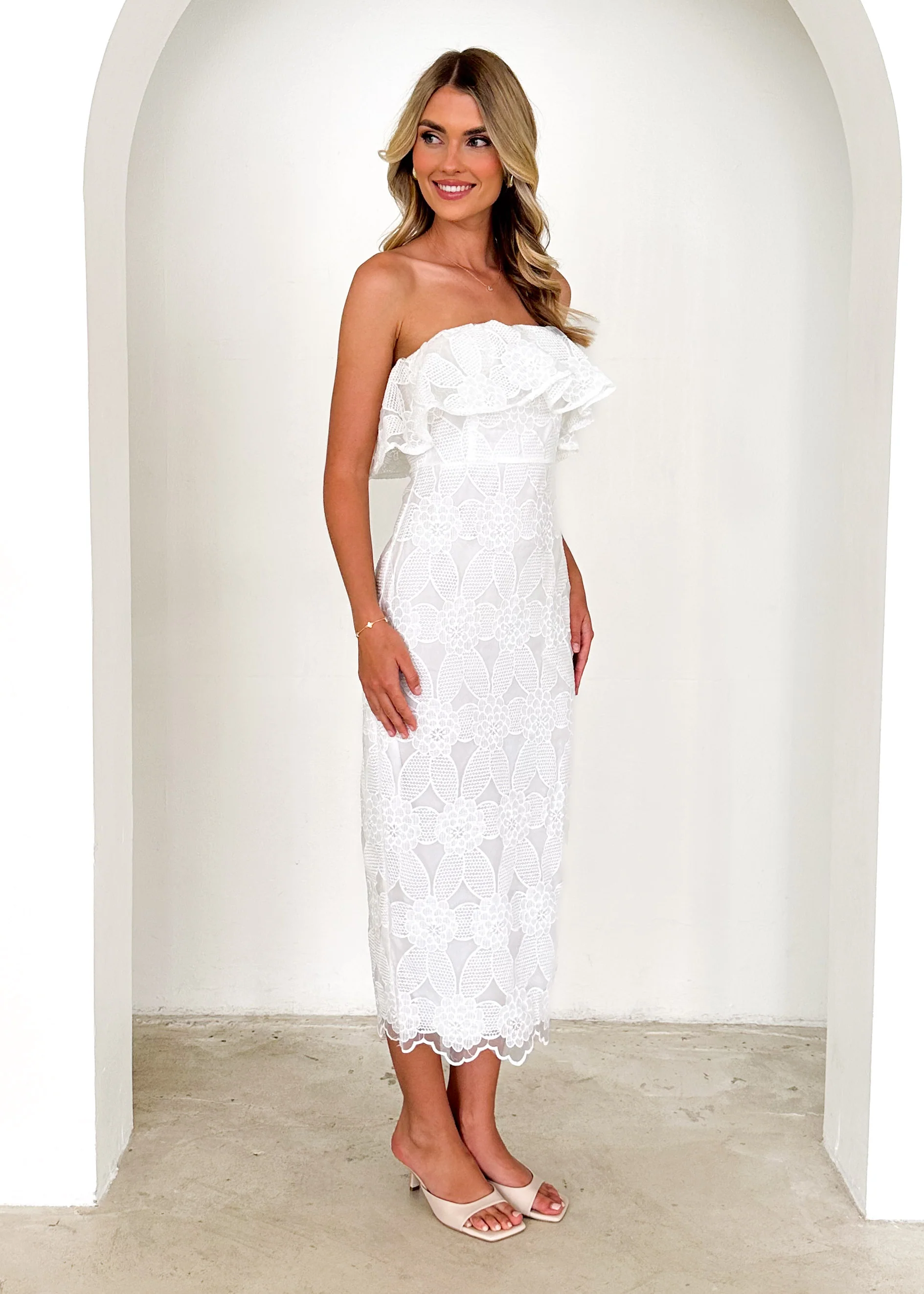 Zara Strapless Midi Dress - White Lace - Image 9