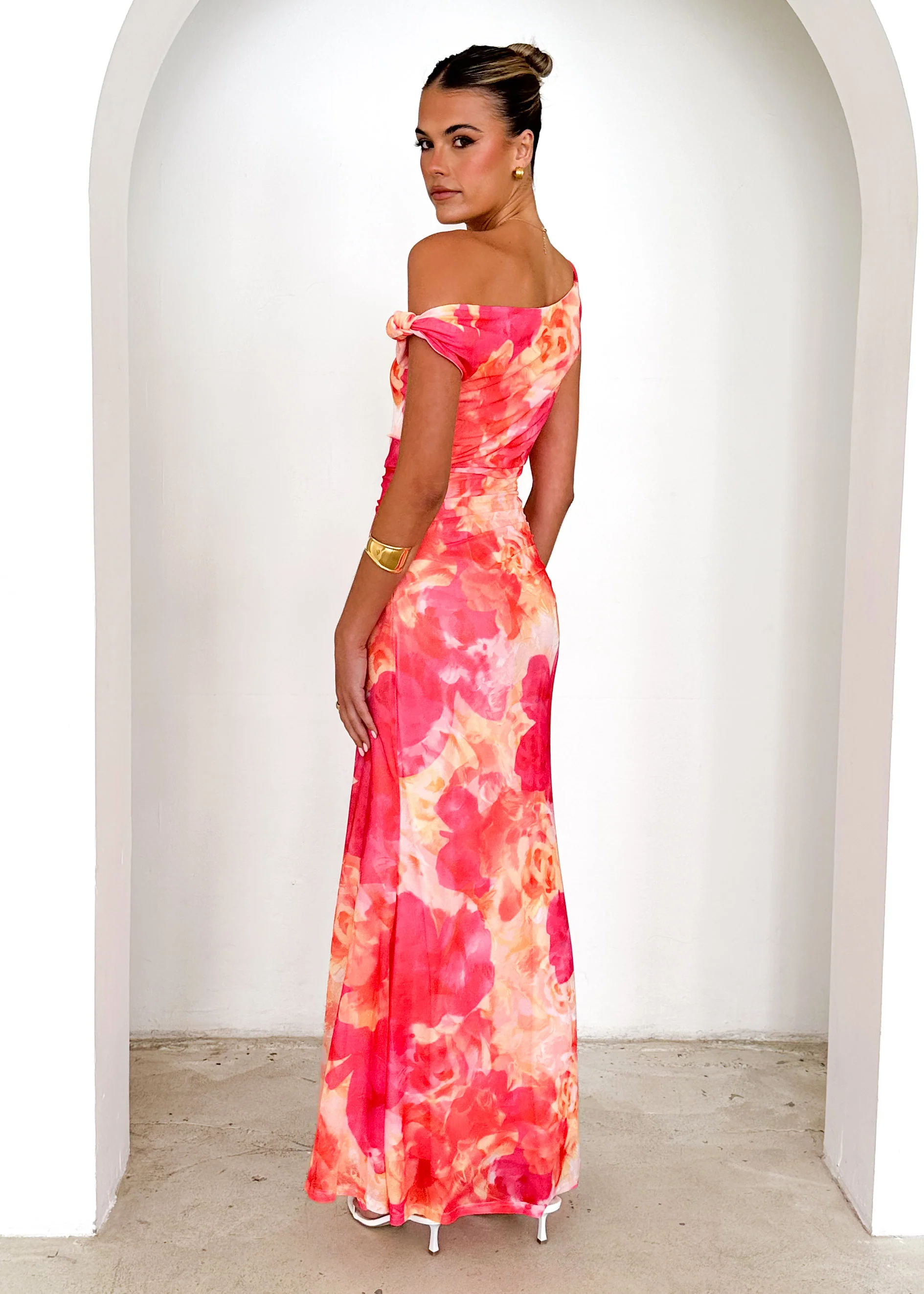 Ziah One Shoulder Mesh Maxi Dress - Magenta Abstract - Image 14